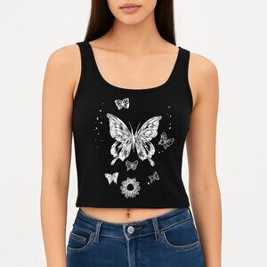 ROMWE Black Butterfly Graphic Crop Tank Top Size M Y2K Grunge